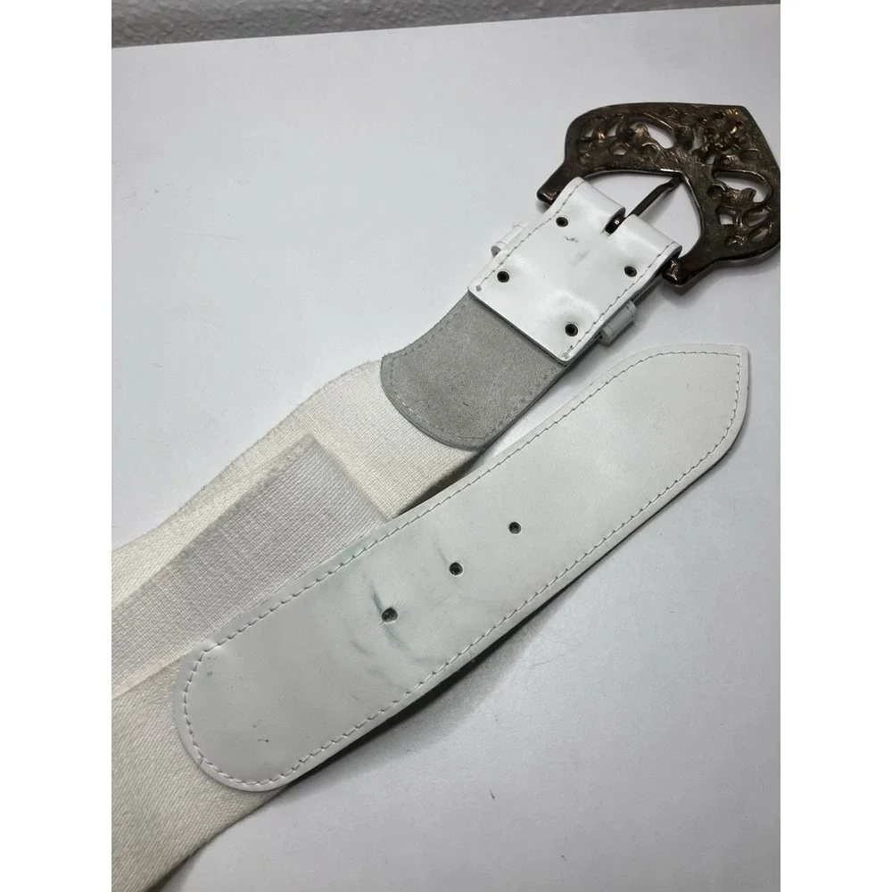 Coastal Cowgirl White Faux Leather Stretchy Belt L Chunky Gold Filagree Buckle